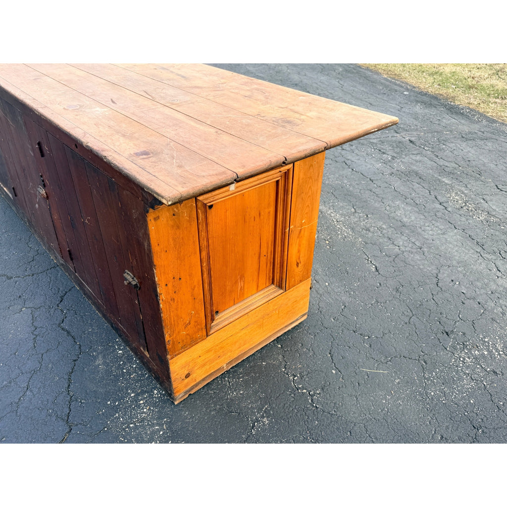 Antique 8ft General Store Display Counter Cabinet w/ Glass, Dog Head & Grape Carvings – c.1900