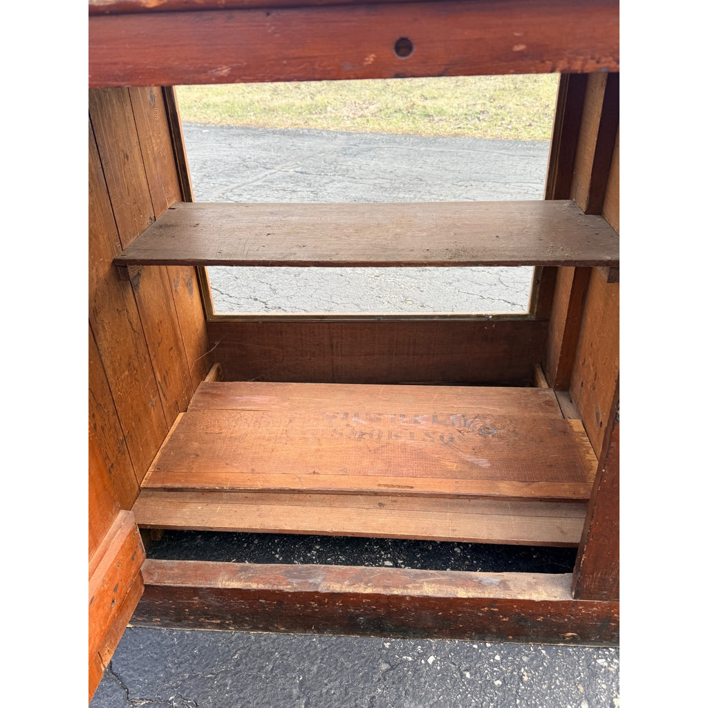 Antique 8ft General Store Display Counter Cabinet w/ Glass, Dog Head & Grape Carvings – c.1900