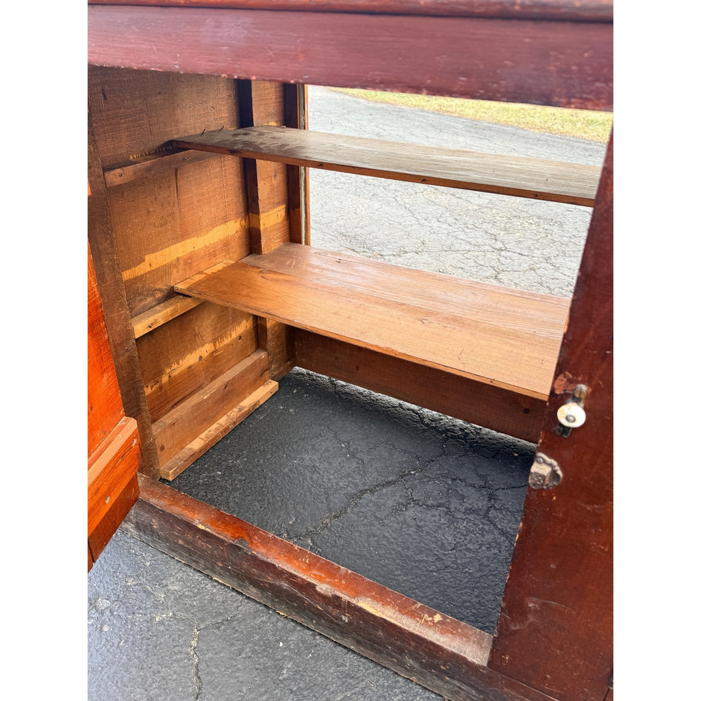 Antique 8ft General Store Display Counter Cabinet w/ Glass, Dog Head & Grape Carvings – c.1900