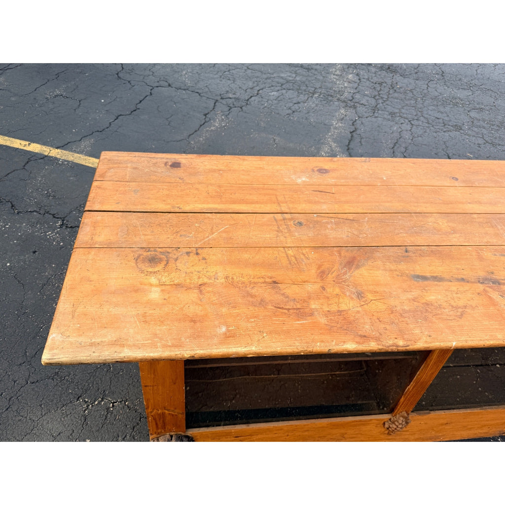 Antique 8ft General Store Display Counter Cabinet w/ Glass, Dog Head & Grape Carvings – c.1900