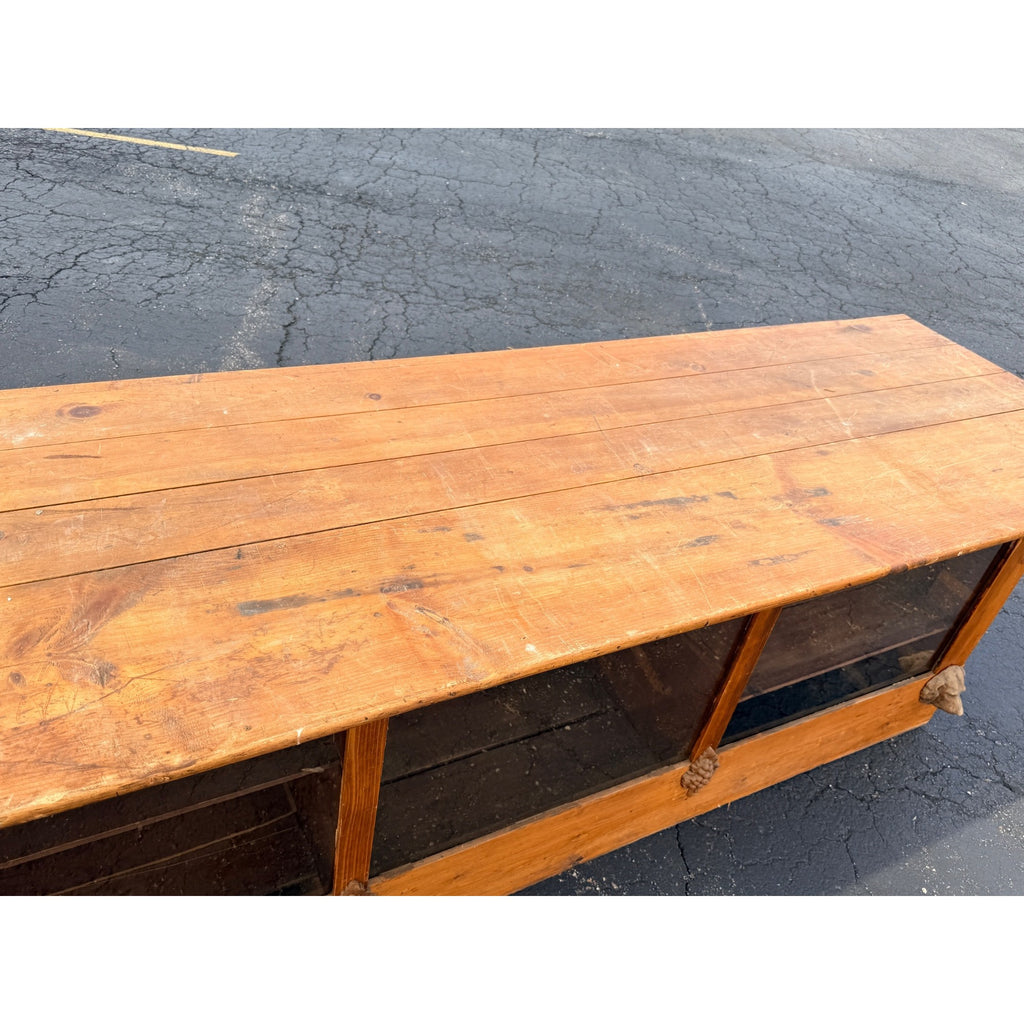 Antique 8ft General Store Display Counter Cabinet w/ Glass, Dog Head & Grape Carvings – c.1900