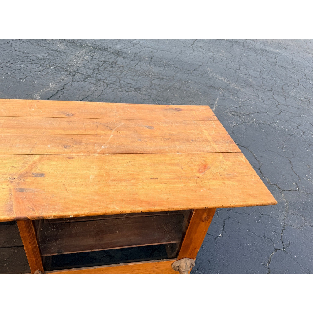 Antique 8ft General Store Display Counter Cabinet w/ Glass, Dog Head & Grape Carvings – c.1900