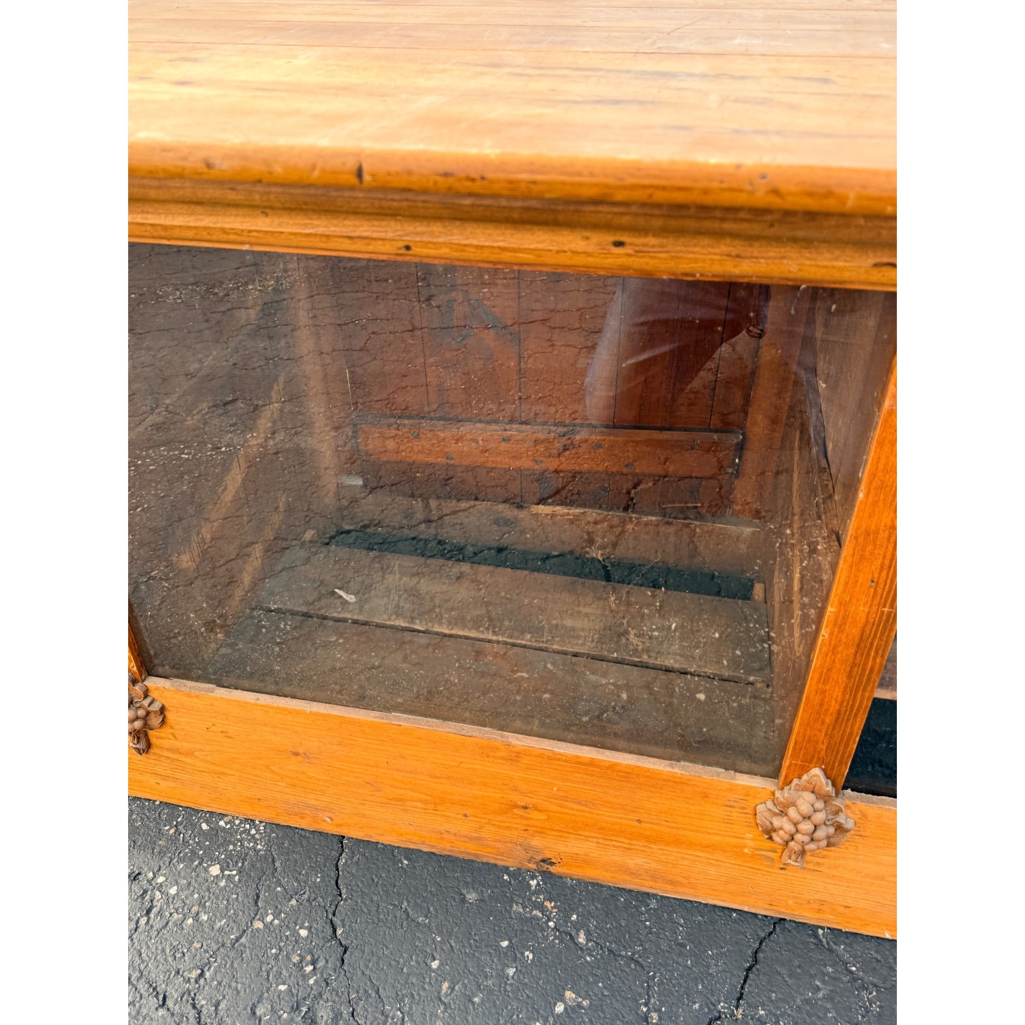 Antique 8ft General Store Display Counter Cabinet w/ Glass, Dog Head & Grape Carvings – c.1900