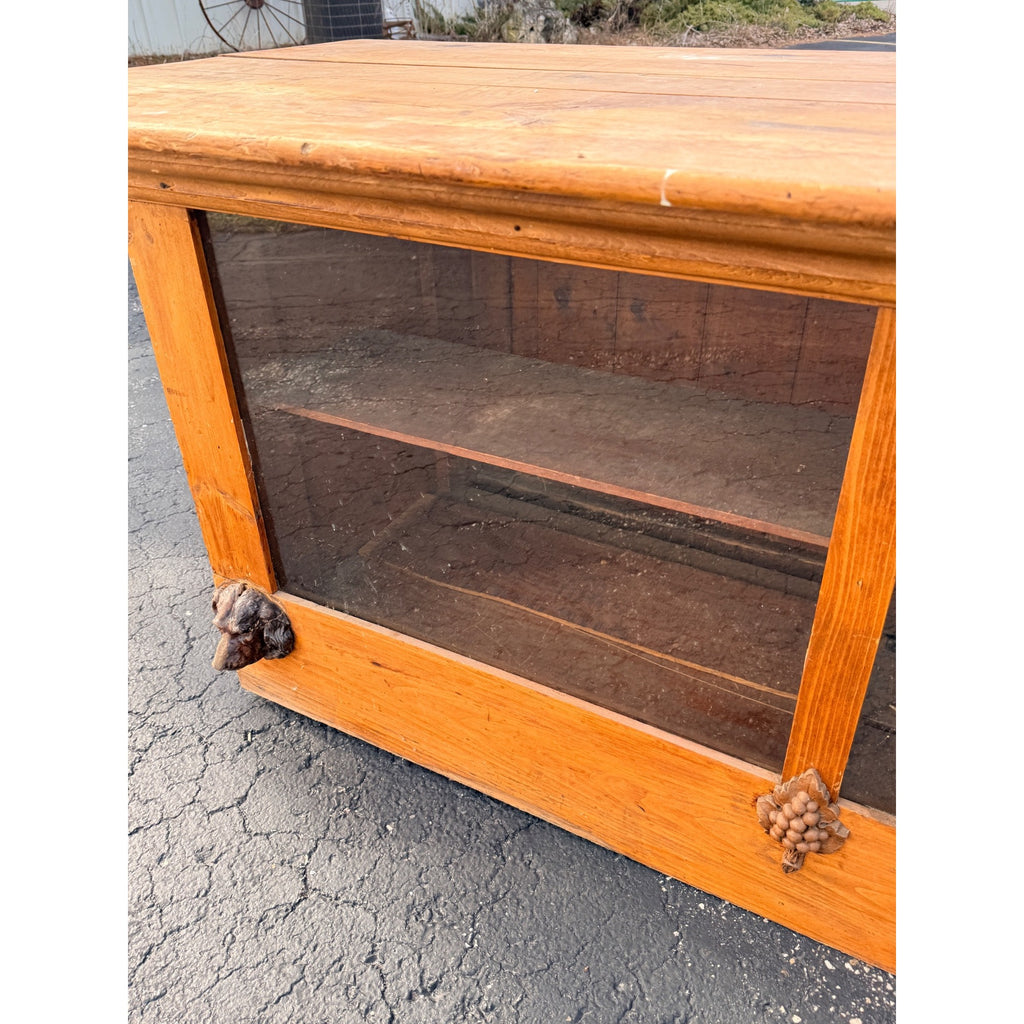 Antique 8ft General Store Display Counter Cabinet w/ Glass, Dog Head & Grape Carvings – c.1900