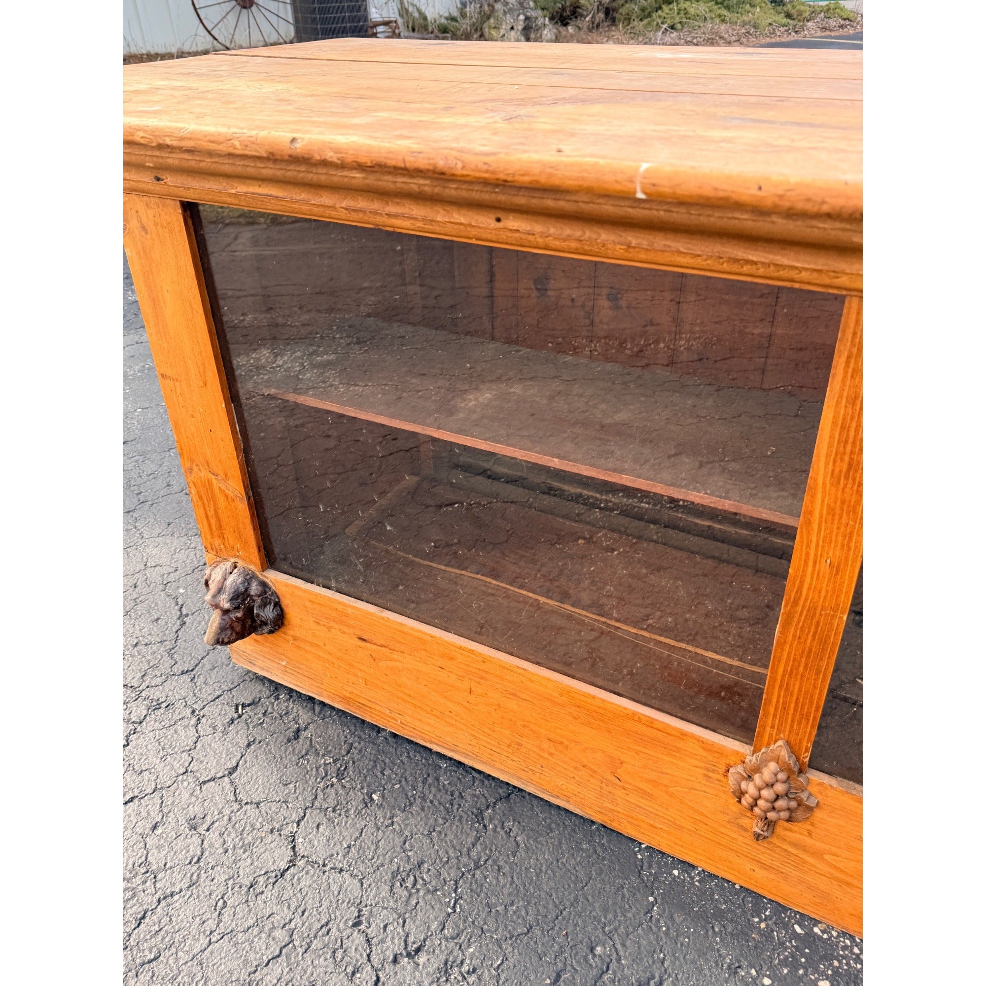 Antique 8ft General Store Display Counter Cabinet w/ Glass, Dog Head & Grape Carvings – c.1900