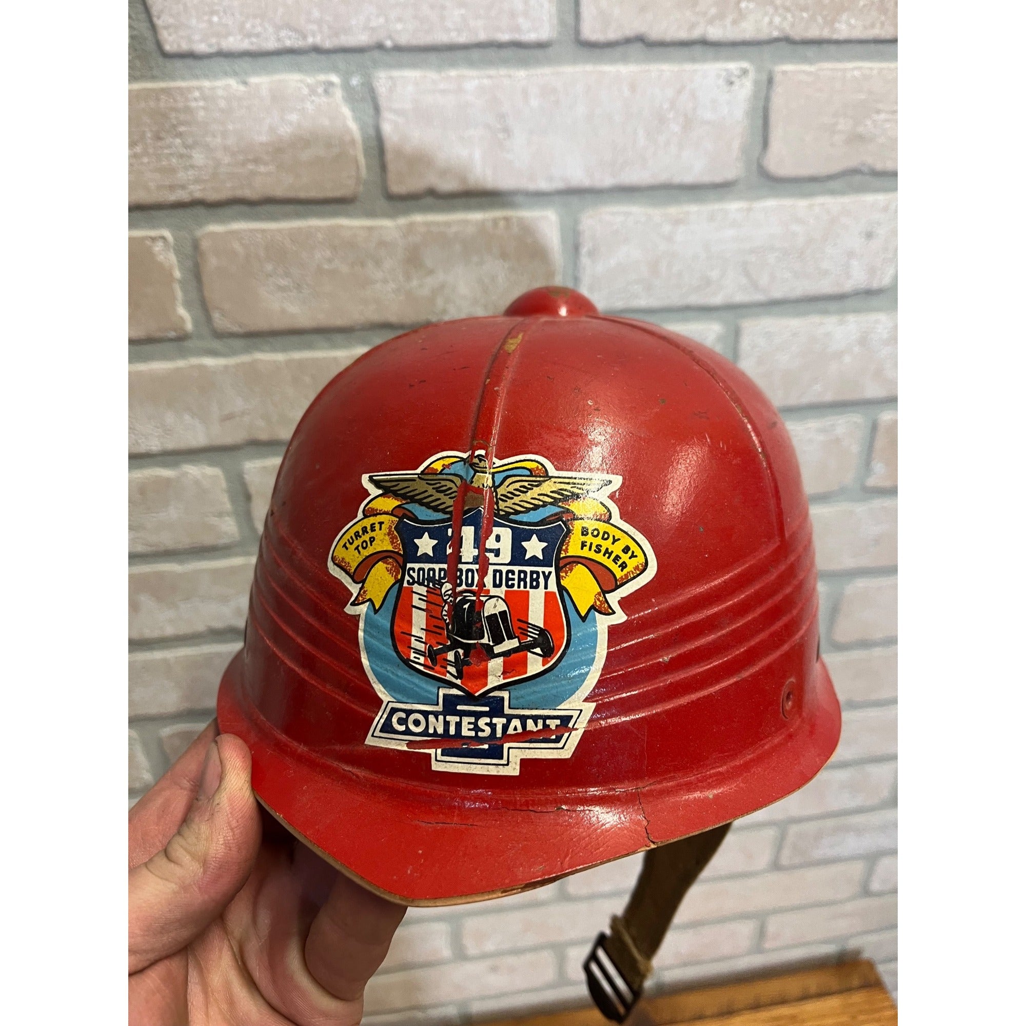 Vintage Chevy Soap Box Derby Racing Helmet Chevrolet GM Car Accessory Red Hat