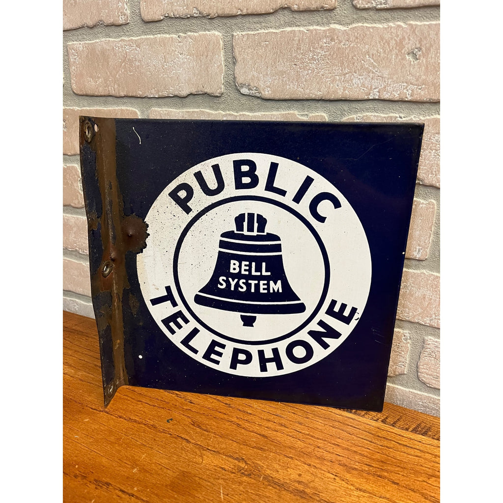 Original Vintage Bell System Public Telephone 2-Sided Flange Metal Porcelain Sign