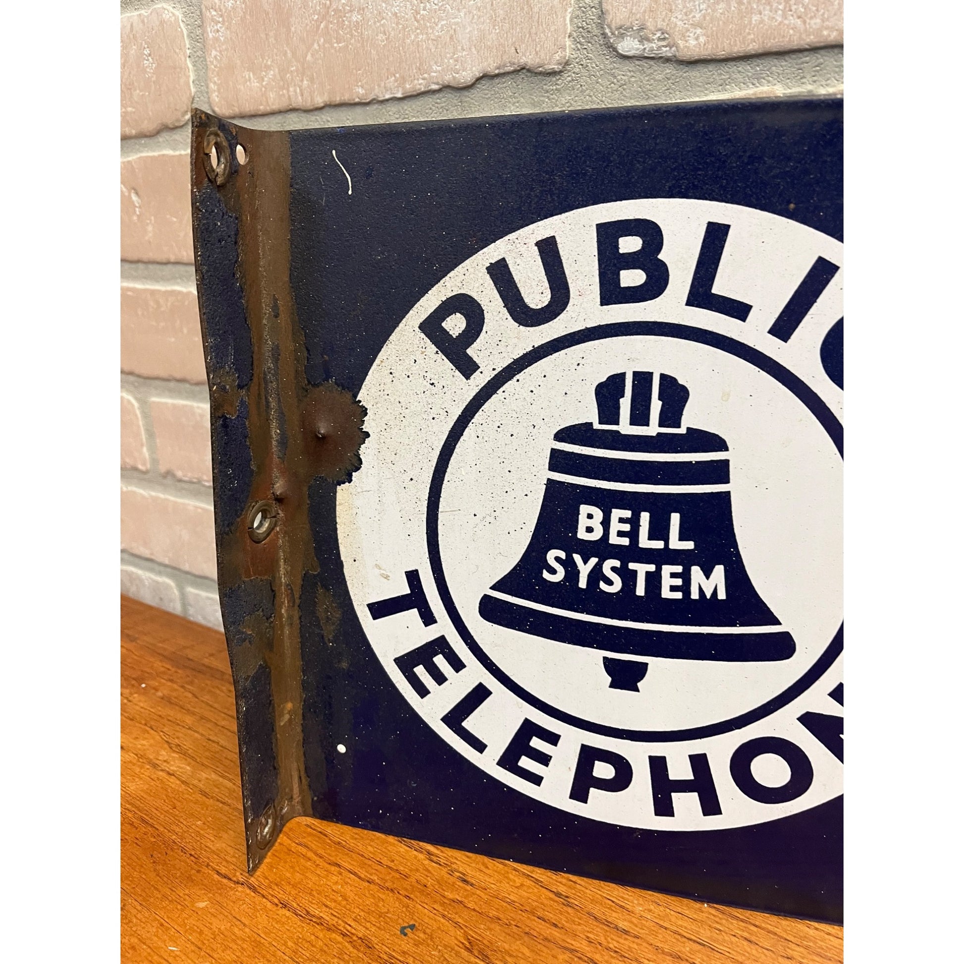 Original Vintage Bell System Public Telephone 2-Sided Flange Metal Porcelain Sign