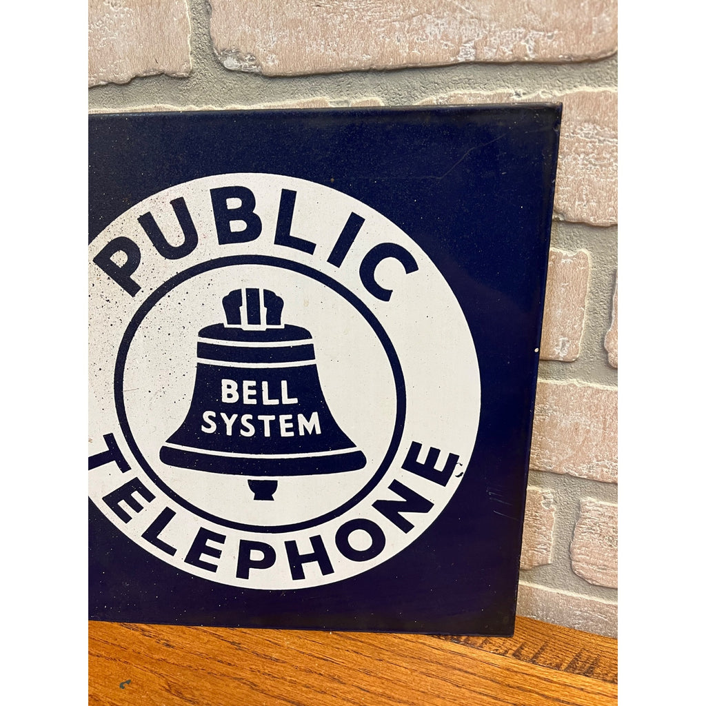 Original Vintage Bell System Public Telephone 2-Sided Flange Metal Porcelain Sign