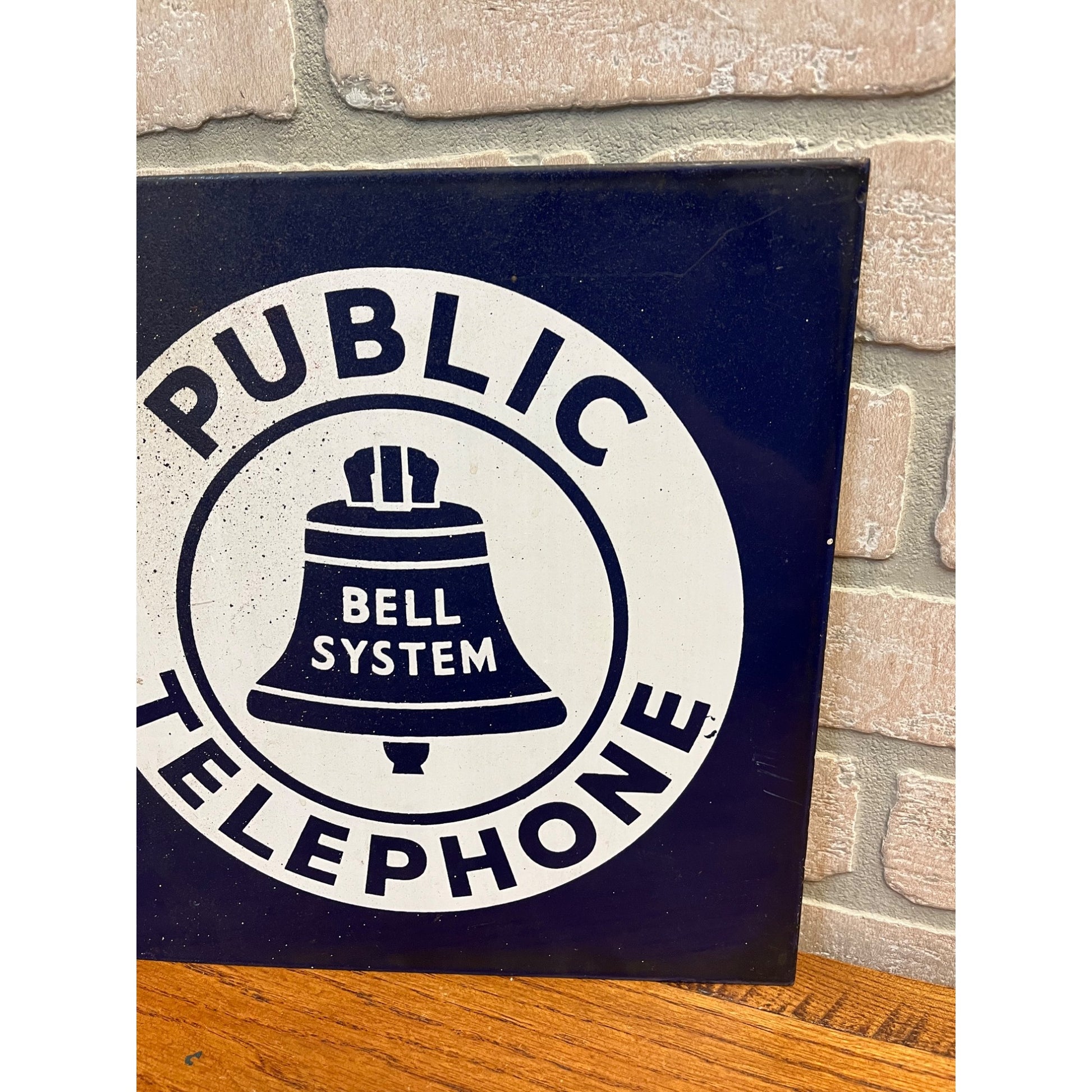 Original Vintage Bell System Public Telephone 2-Sided Flange Metal Porcelain Sign