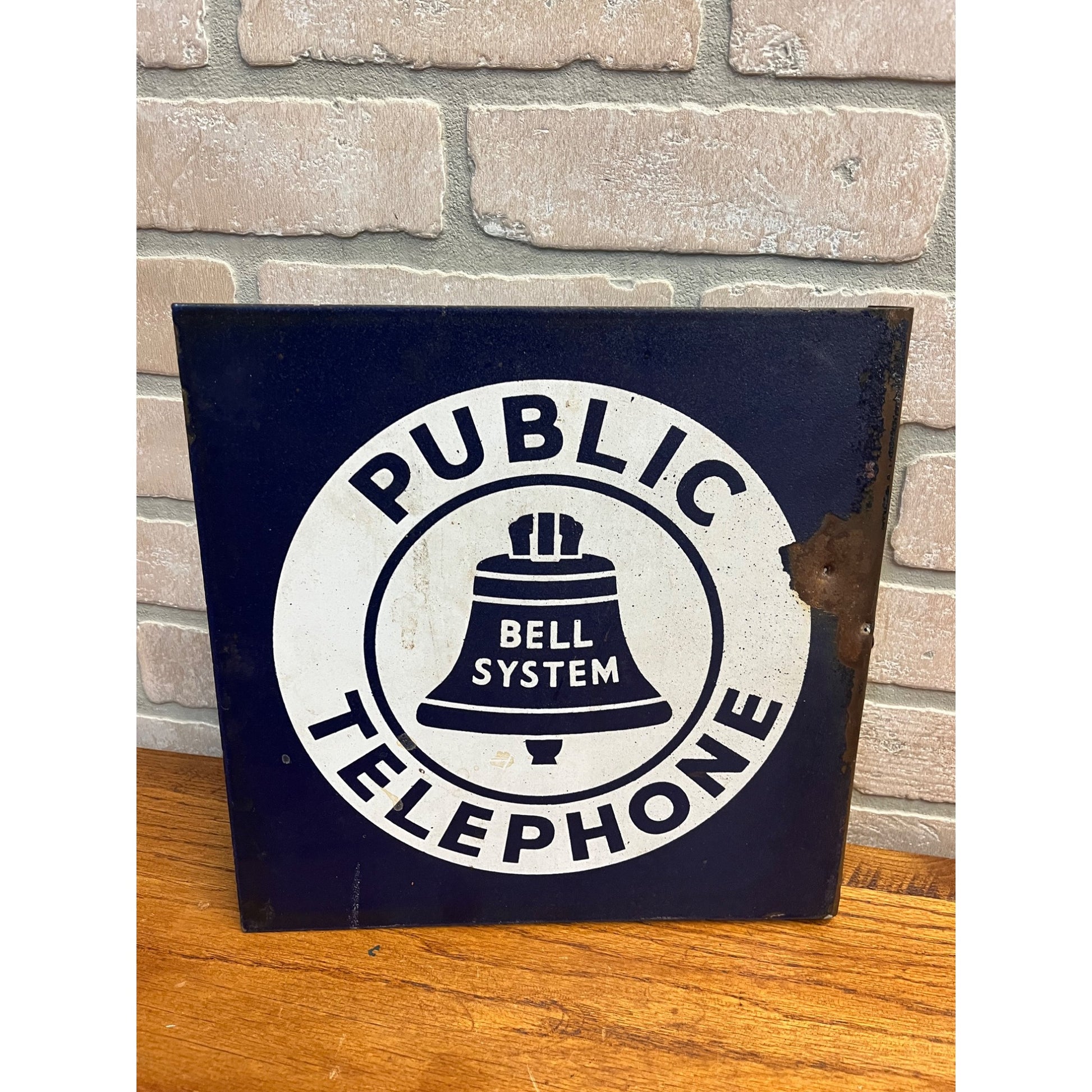Original Vintage Bell System Public Telephone 2-Sided Flange Metal Porcelain Sign