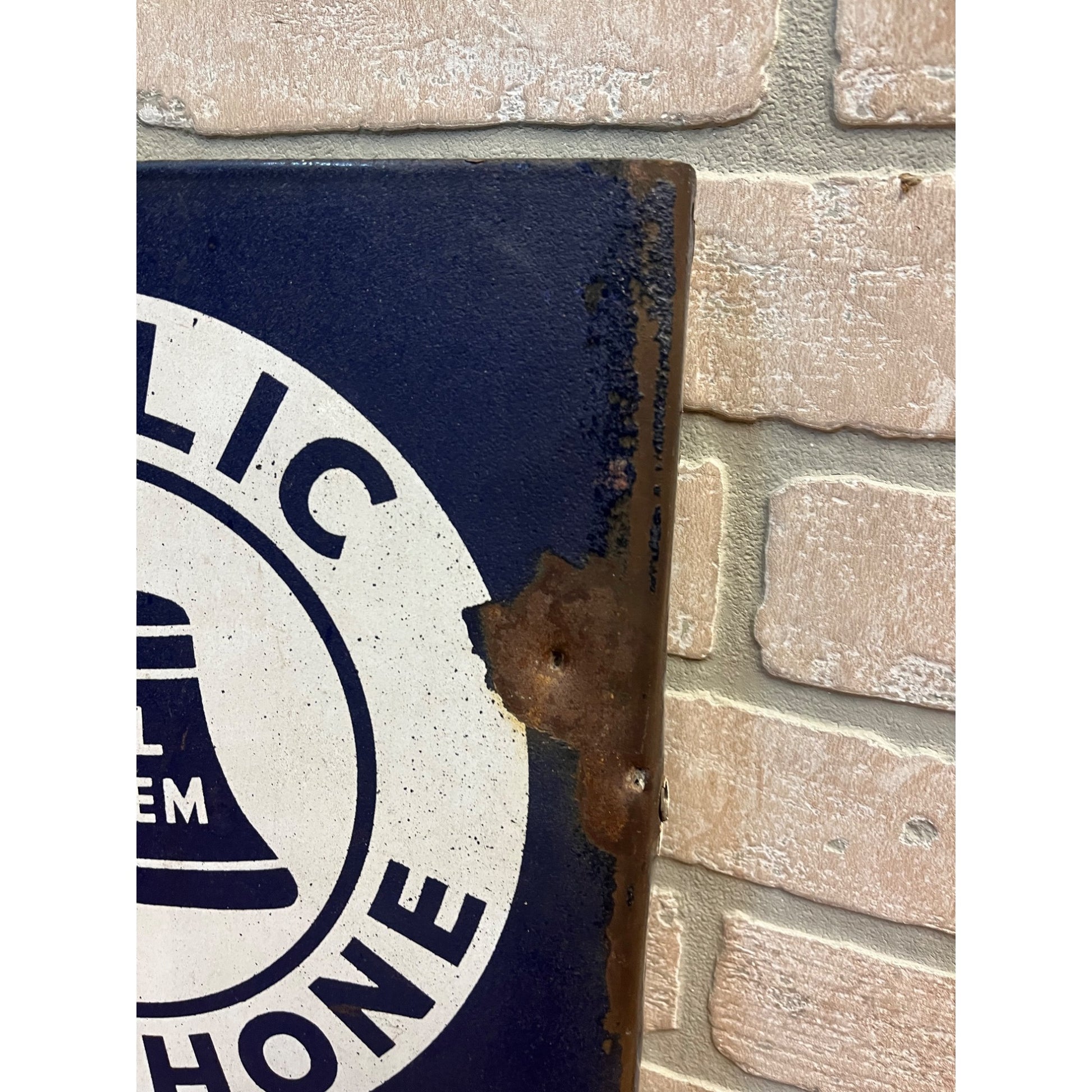 Original Vintage Bell System Public Telephone 2-Sided Flange Metal Porcelain Sign