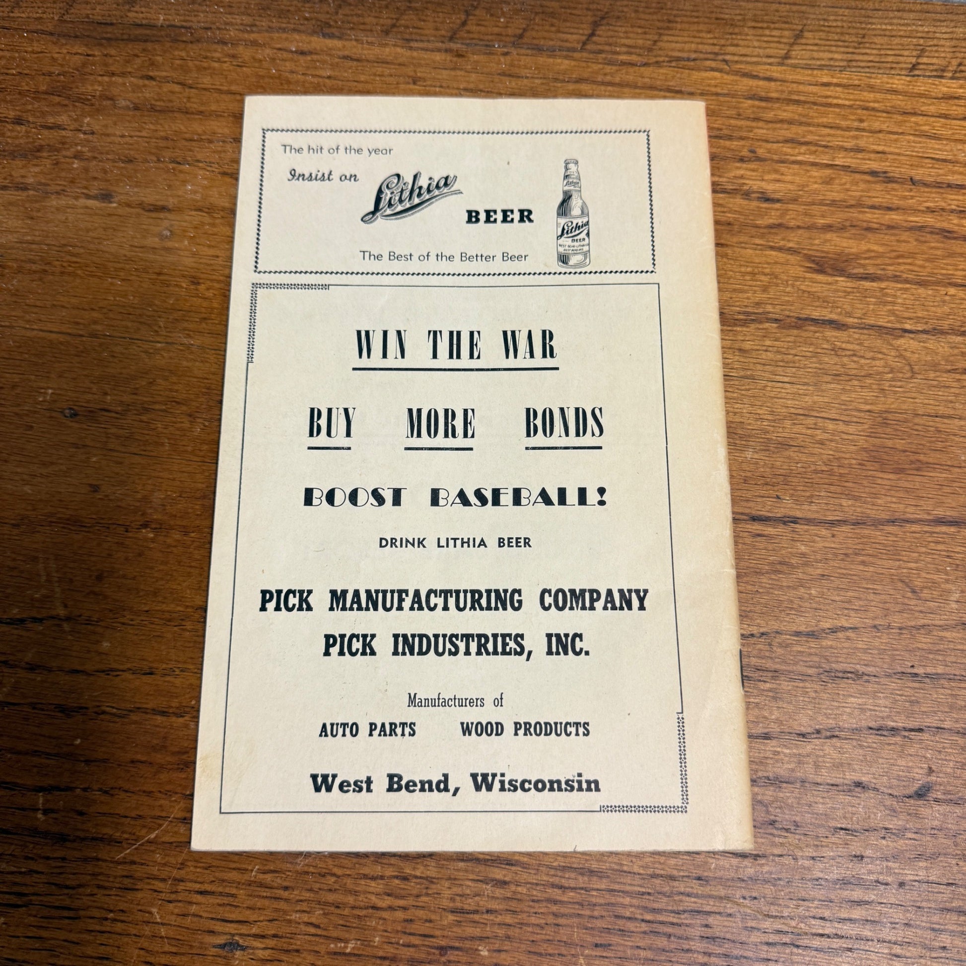 1944 West Bend WI Area Baseball League Booklet Rainbow Baseball League
