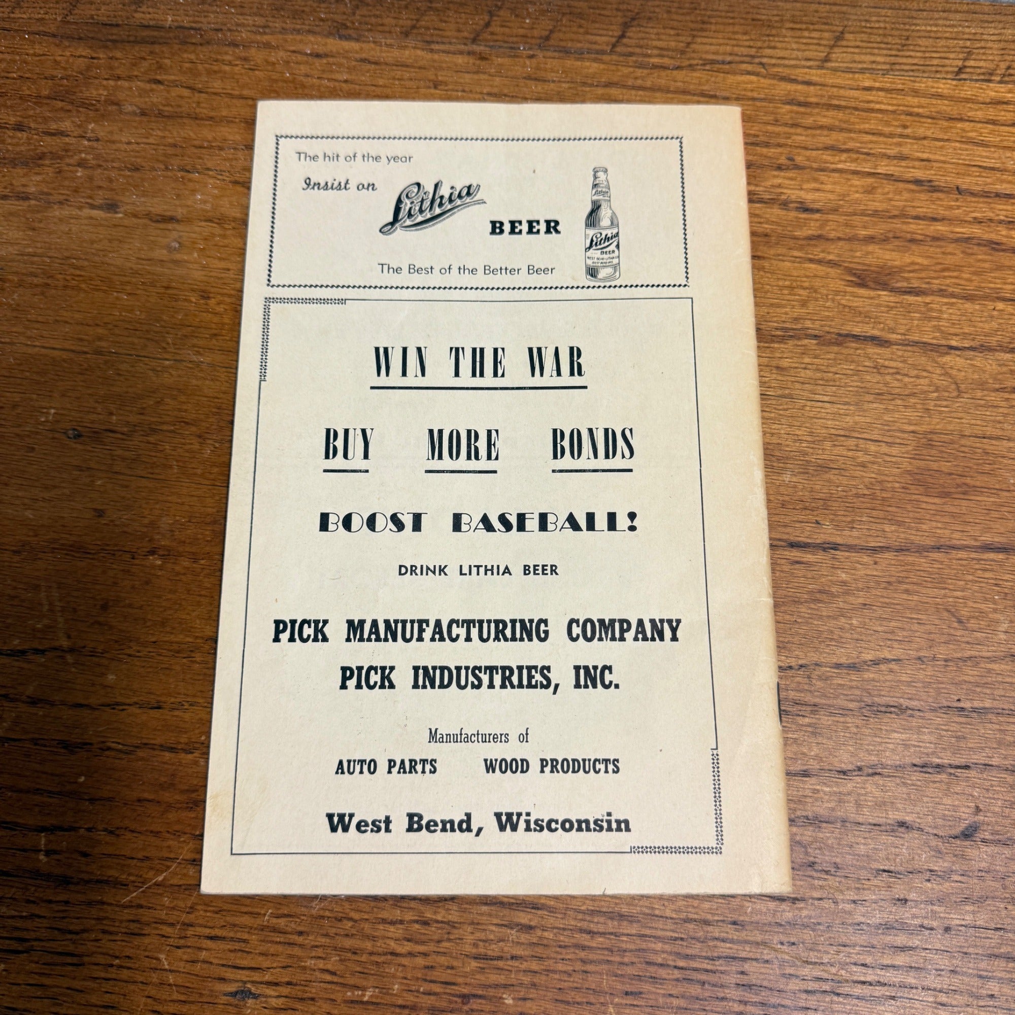1944 West Bend WI Area Baseball League Booklet Rainbow Baseball League