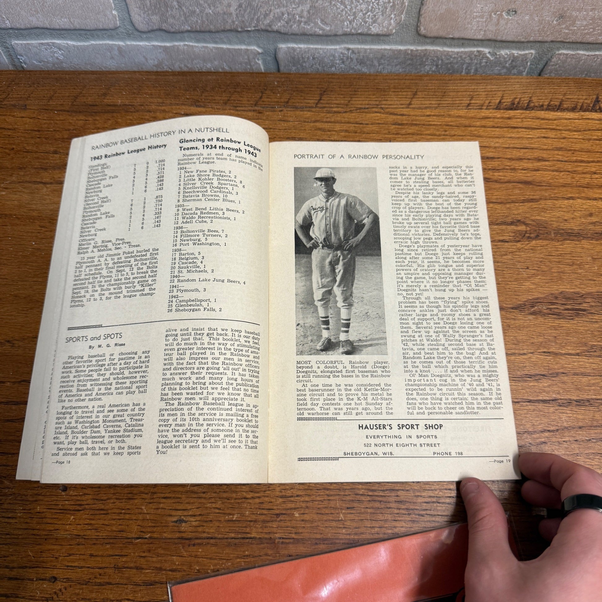 1944 West Bend WI Area Baseball League Booklet Rainbow Baseball League