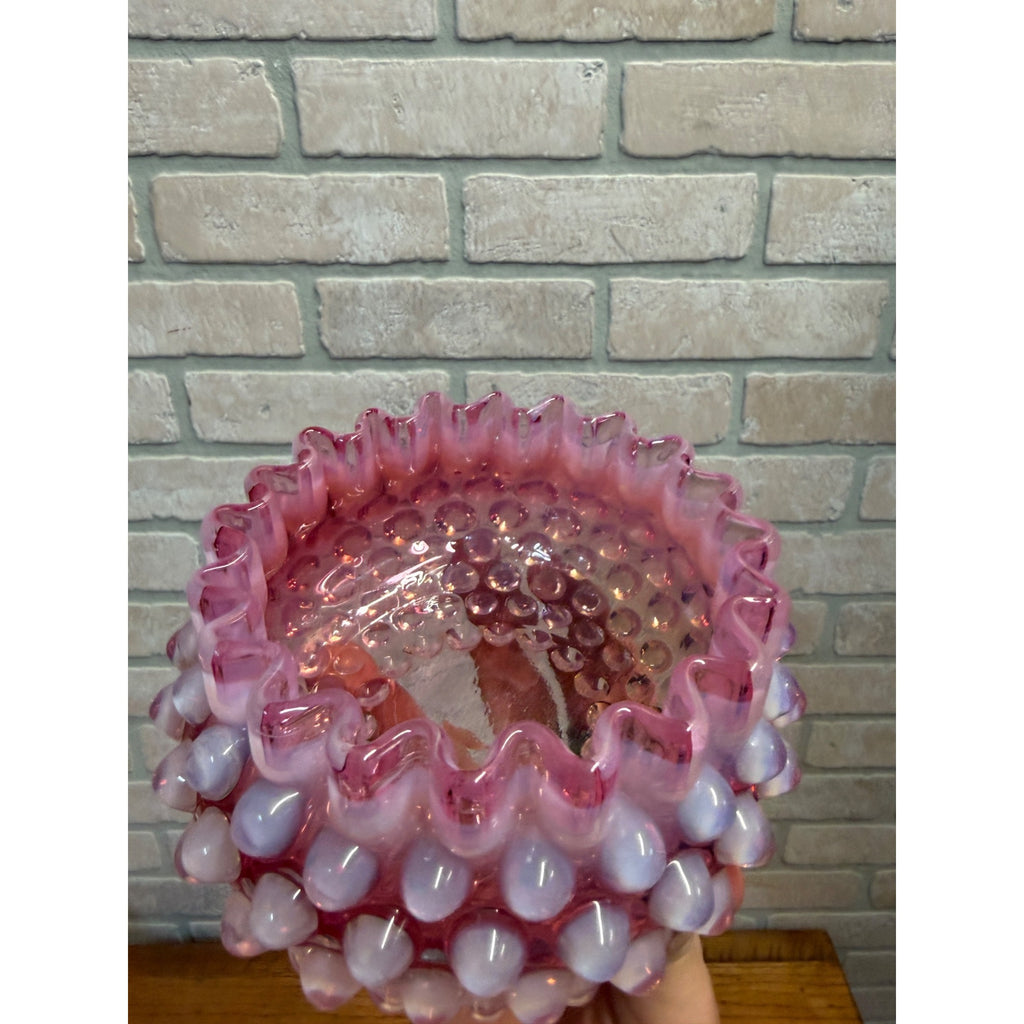 Hobbs Brockunier Victorian Cranberry Opalescent Hobnail Ruffled Edge Bowl 4.25"