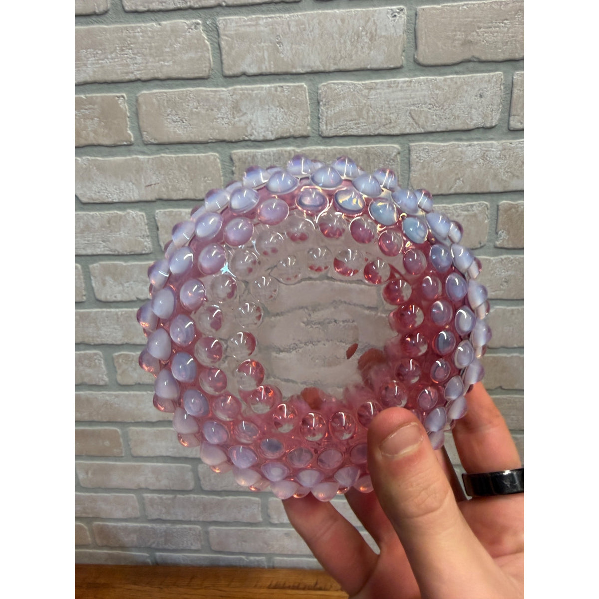 Hobbs Brockunier Victorian Cranberry Opalescent Hobnail Ruffled Edge Bowl 4.25"