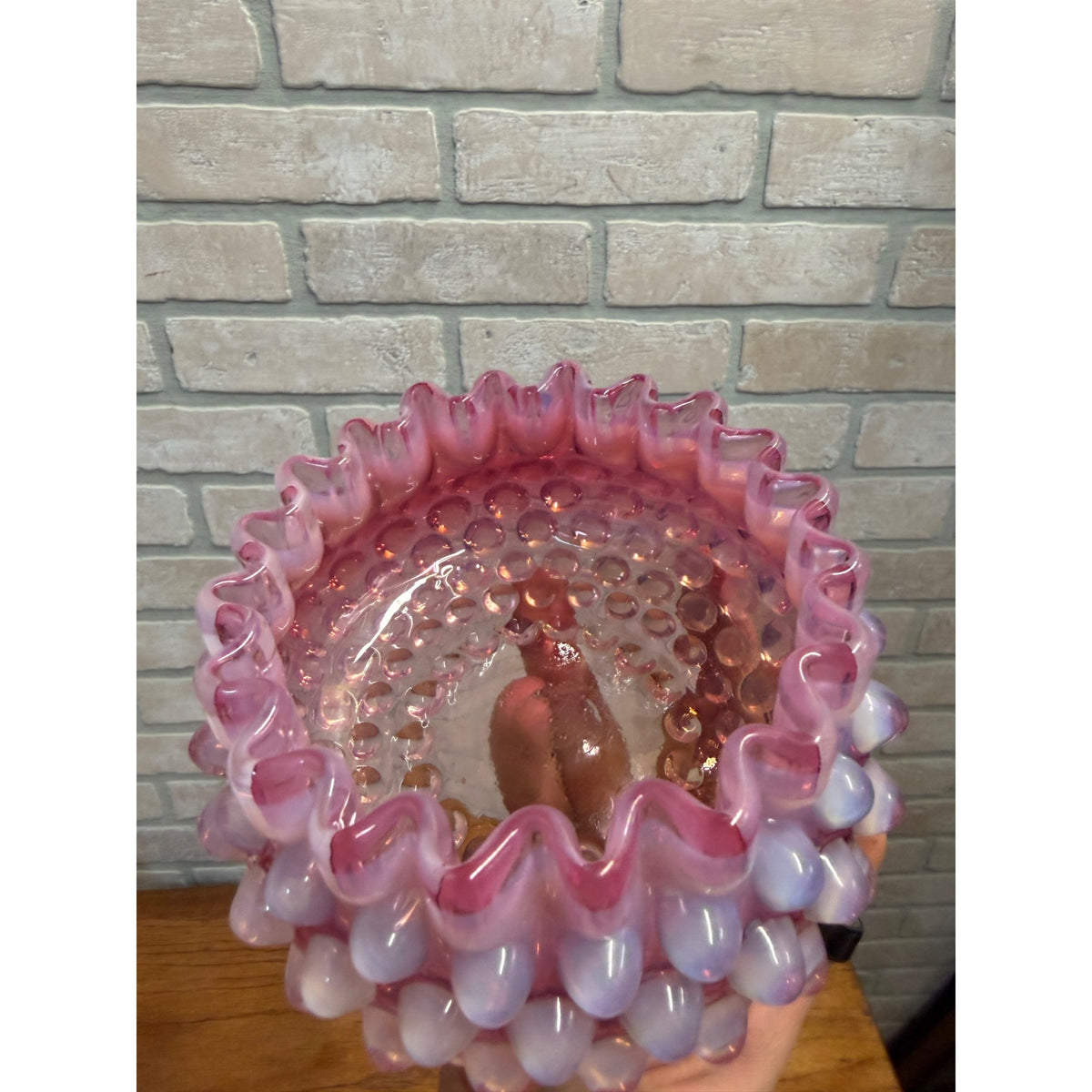 Hobbs Brockunier Victorian Cranberry Opalescent Hobnail Ruffled Edge Bowl 4.25"