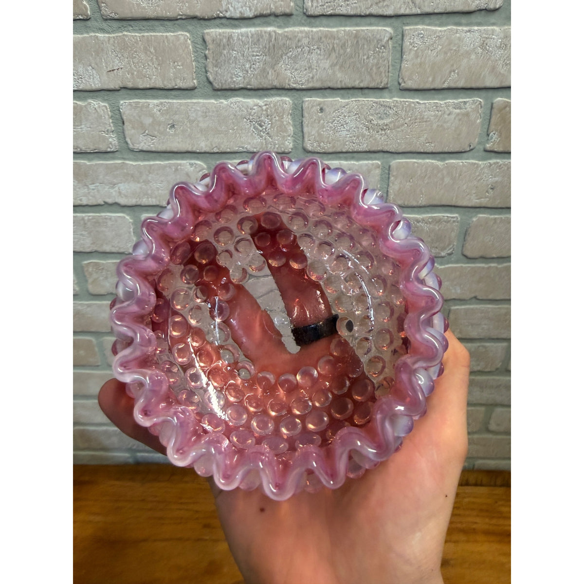 Hobbs Brockunier Victorian Cranberry Opalescent Hobnail Ruffled Edge Bowl 4.25"