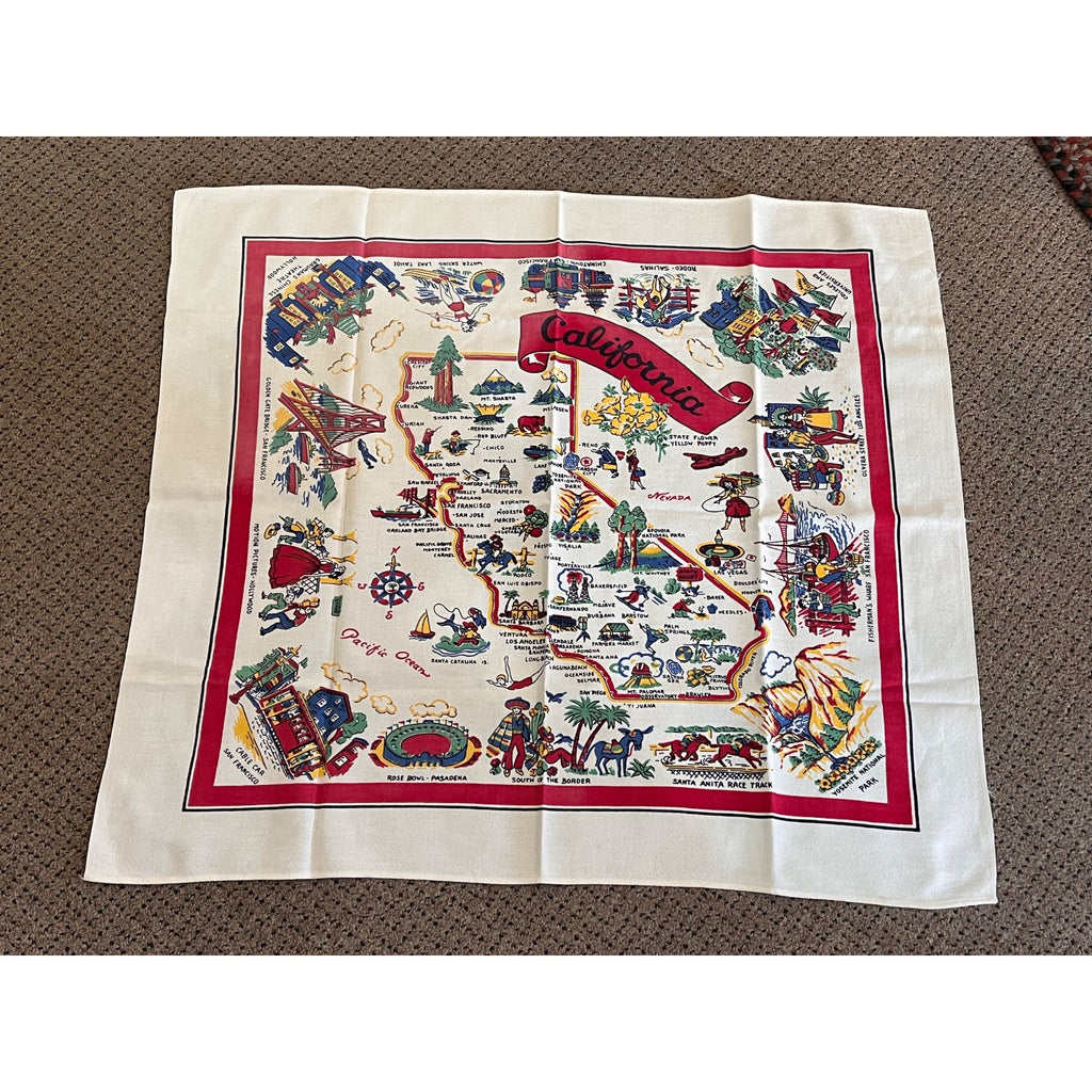 Vintage State of California Map Souvenir Kitchen Table Cloth 36" Tea Towel Retro