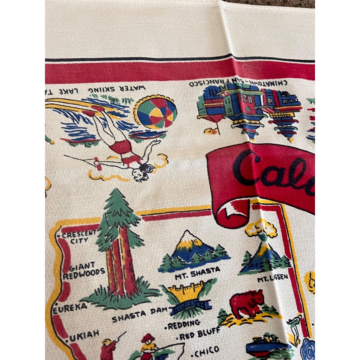 Vintage State of California Map Souvenir Kitchen Table Cloth 36" Tea Towel Retro