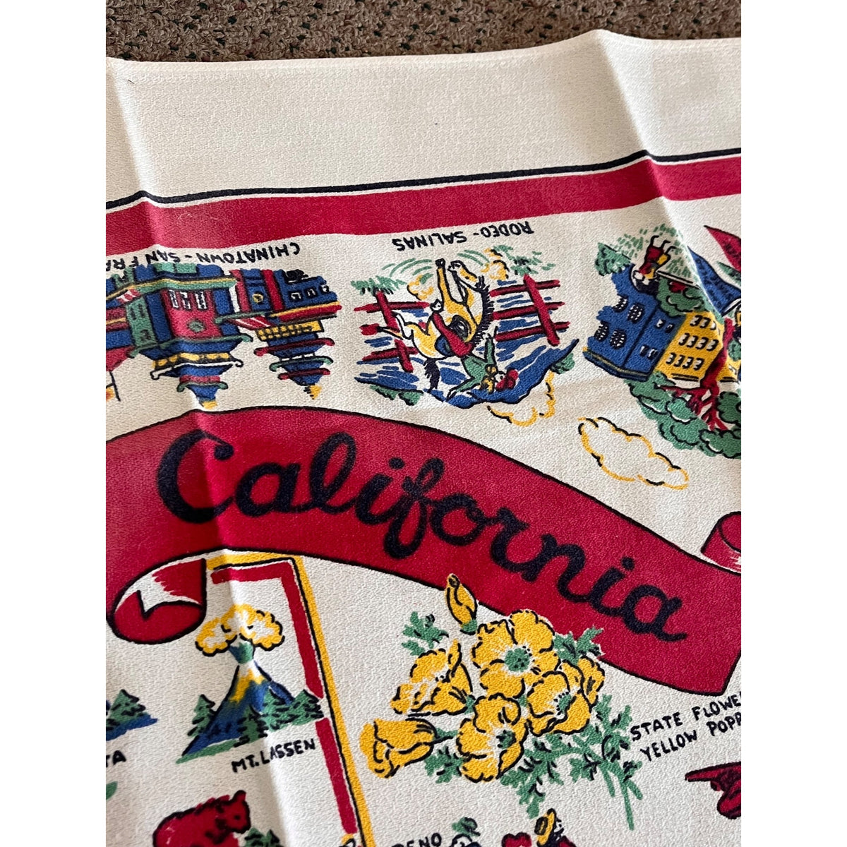 Vintage State of California Map Souvenir Kitchen Table Cloth 36" Tea Towel Retro