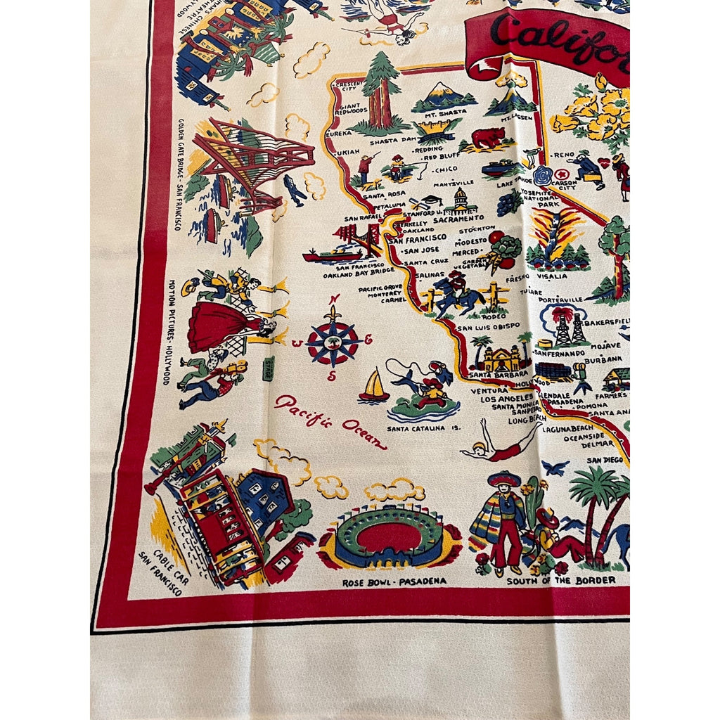 Vintage State of California Map Souvenir Kitchen Table Cloth 36" Tea Towel Retro