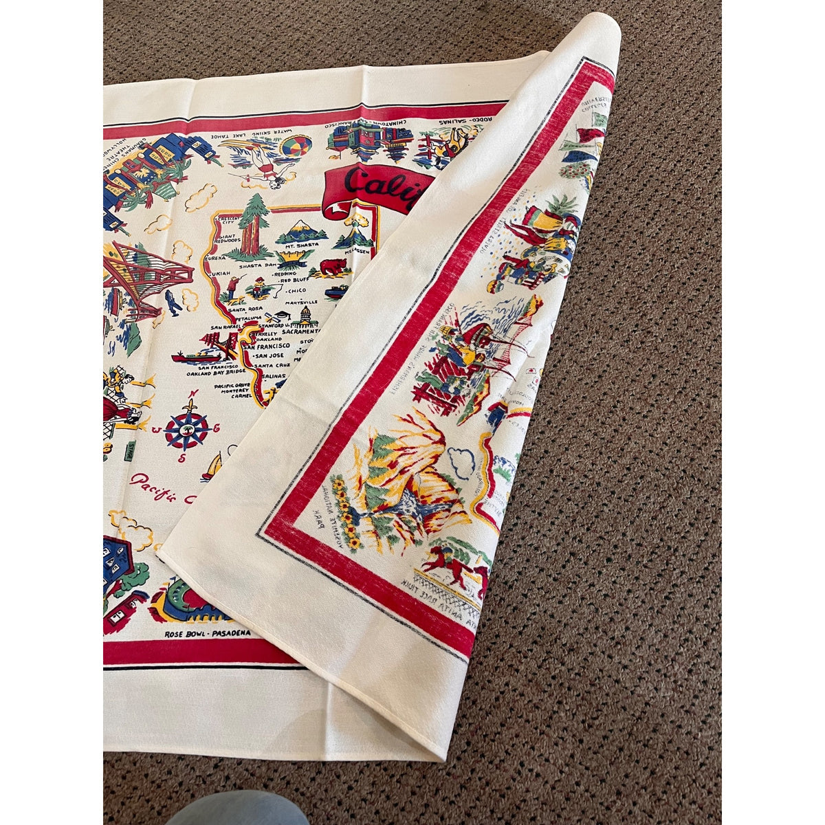 Vintage State of California Map Souvenir Kitchen Table Cloth 36" Tea Towel Retro