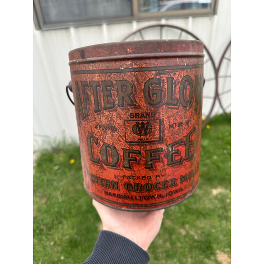 Antique After Glow Coffee Marshalltown Iowa 4lb Tin Pail Western Grocer Mills