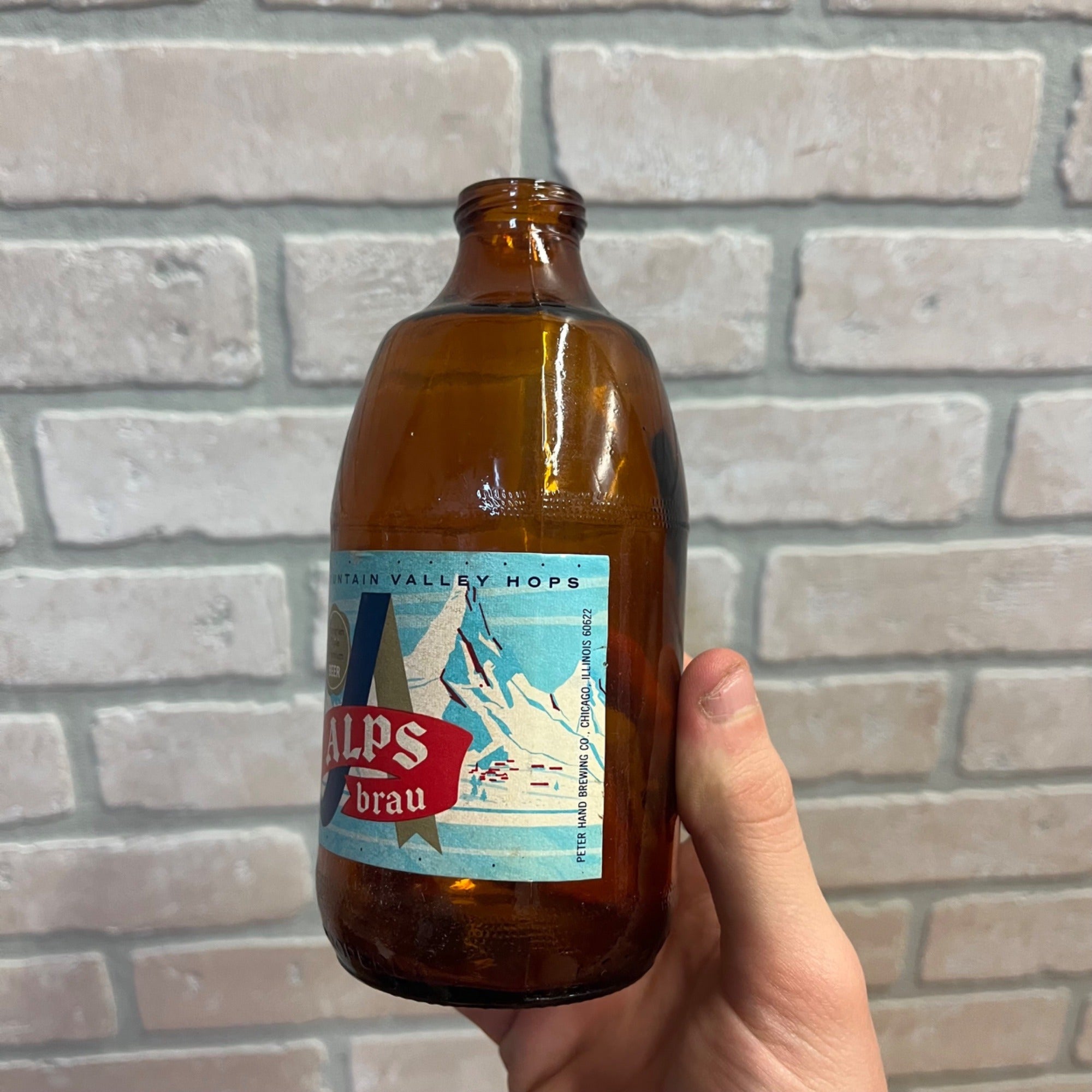 1950’s Alps Brau beer bottle from Old Crown Brewing 12 oz Peter Hand Chicago Stubby