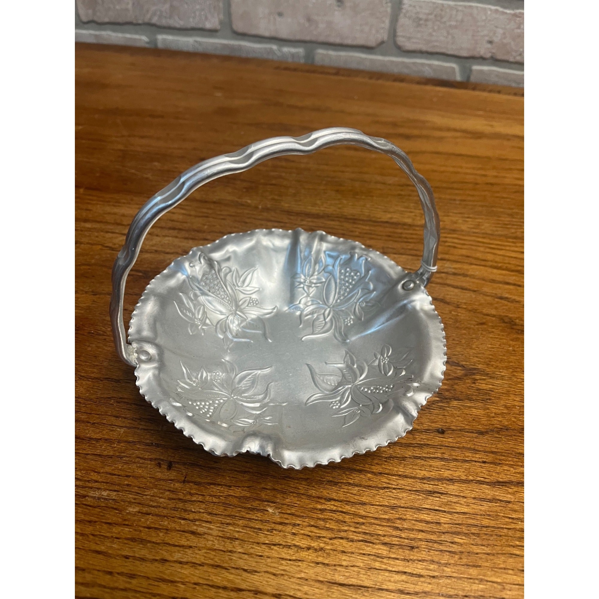 Vintage Mid Century Aluminum Dresser Decorative Tray Basket w/ Flowers Wedding Decor