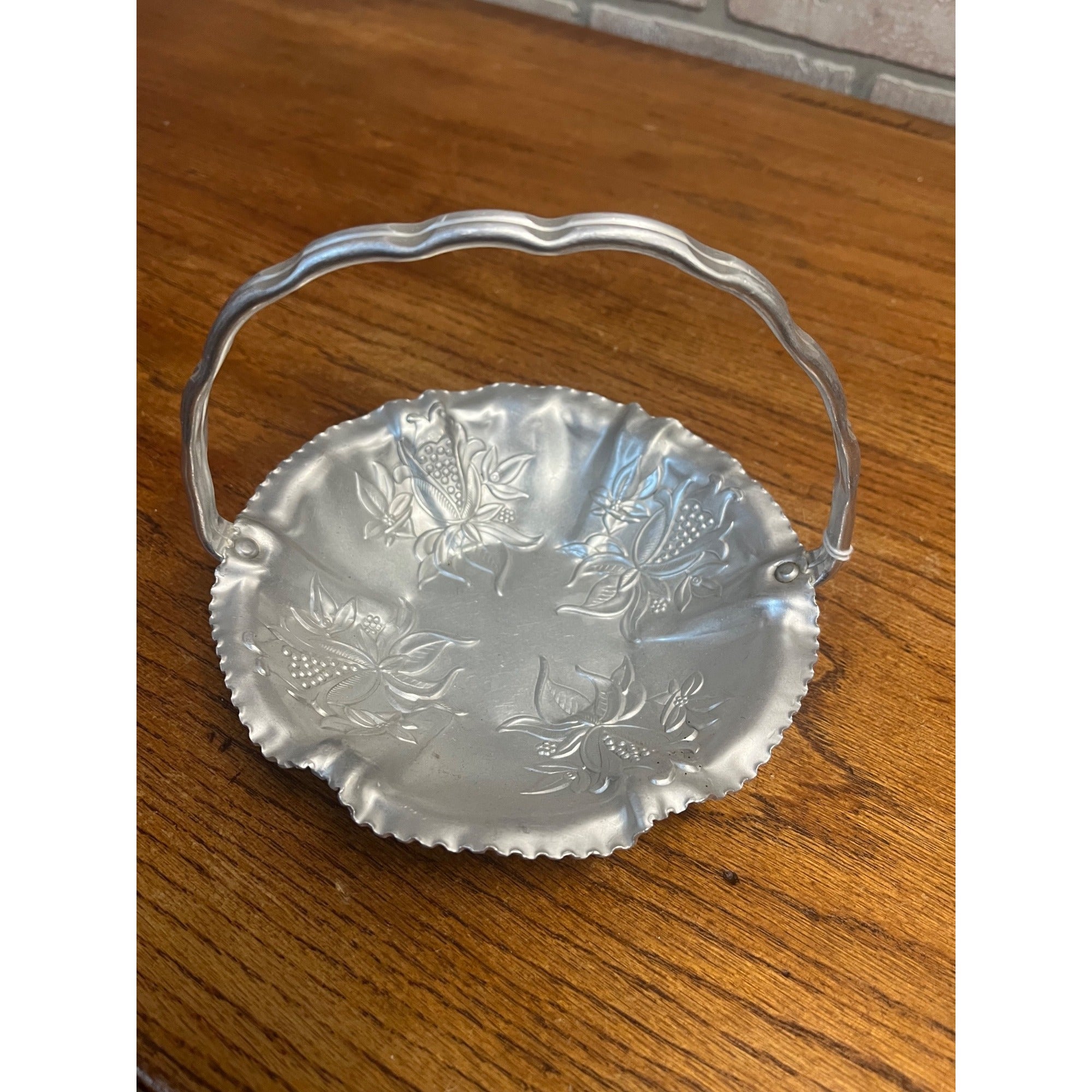 Vintage Mid Century Aluminum Dresser Decorative Tray Basket w/ Flowers Wedding Decor