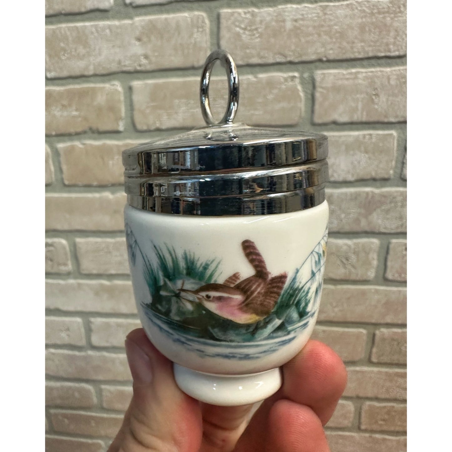 Vintage Royal Worcester Porcelain Egg Coddler Cup Woodland Birds England