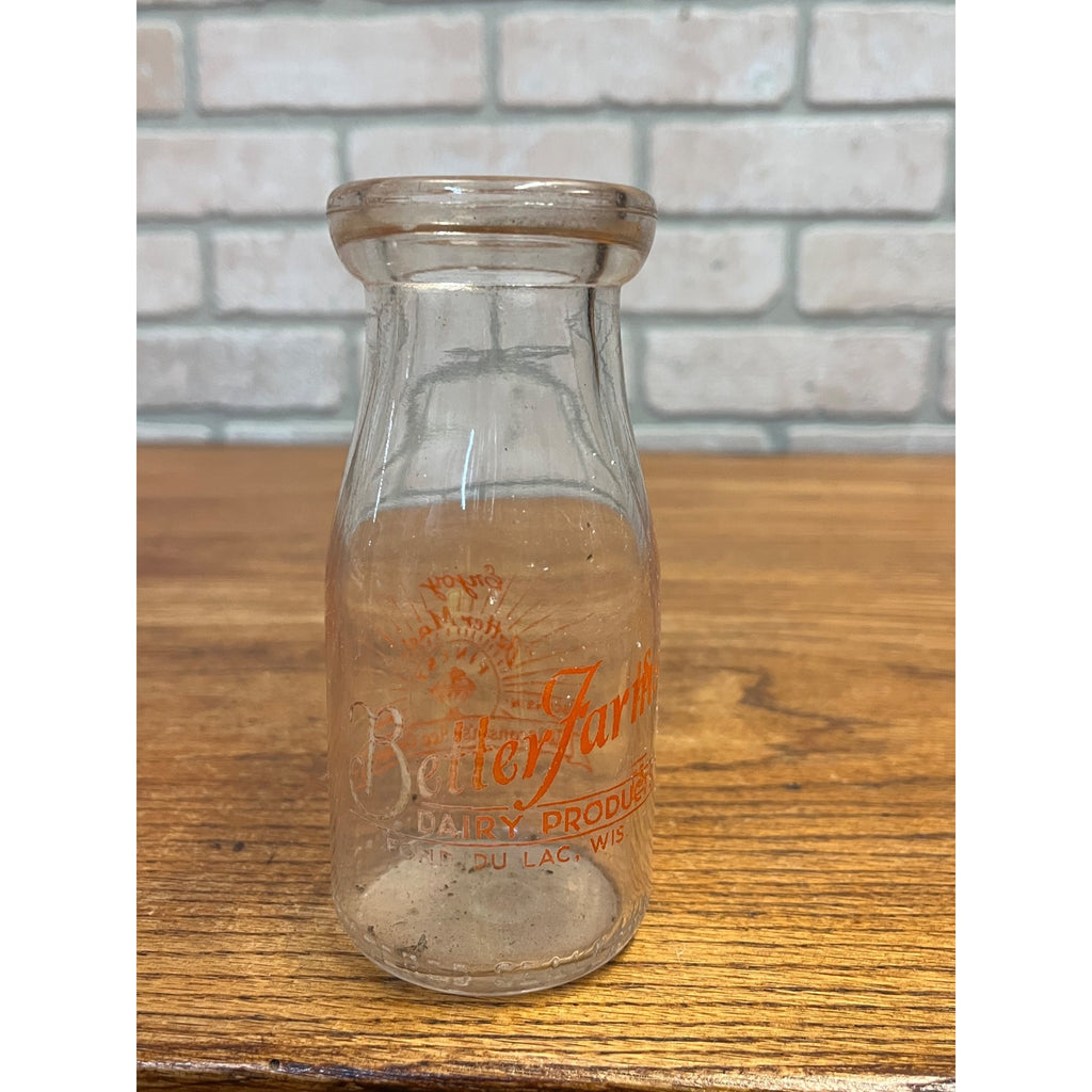 Vintage Better Farms Half Pint Milk Bottle Fond du Lac Wis WI Wisconsin