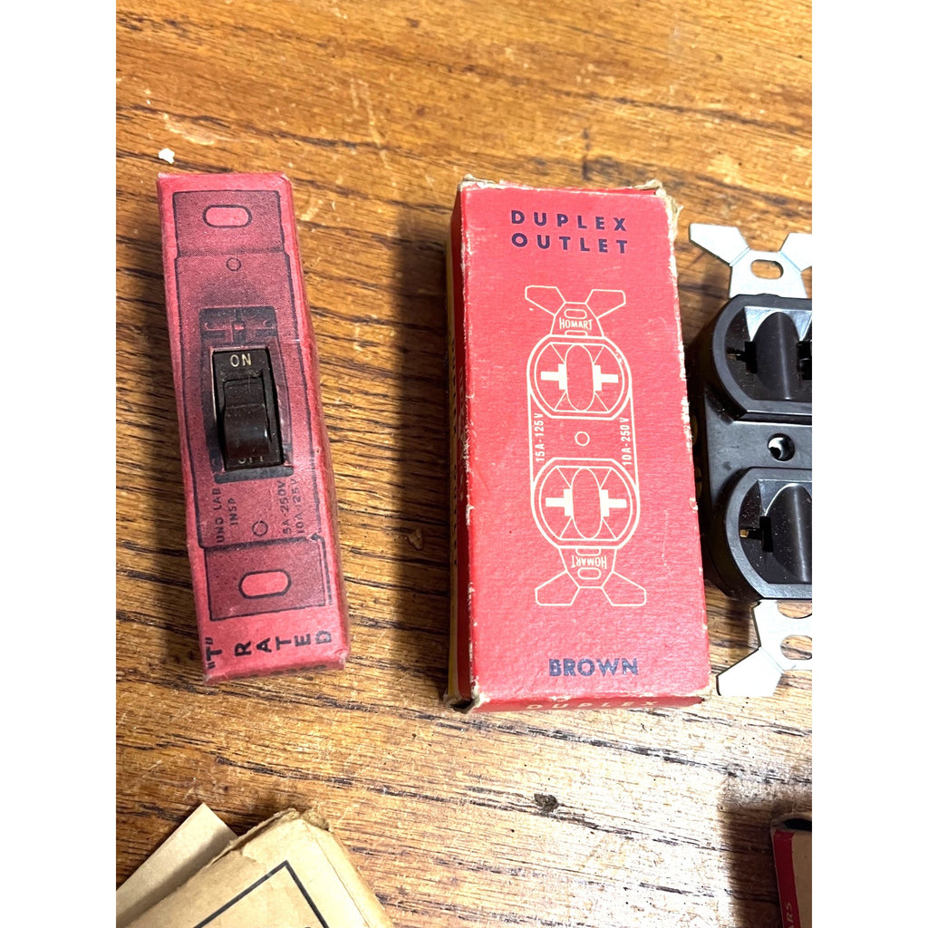 Vintage Electrical Hardware Lot NOS Duplex Outlets Switches Bakelite Plate USA