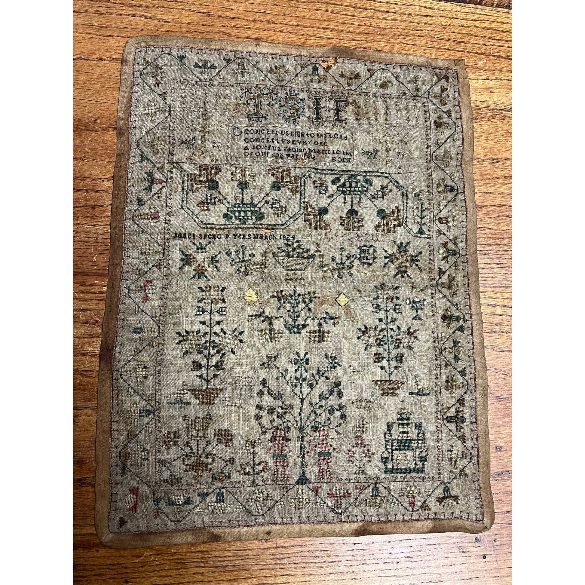 Antique Primitive Tree of Life Cross Stitch Sampler Dated 1824 Folk Art OOAK