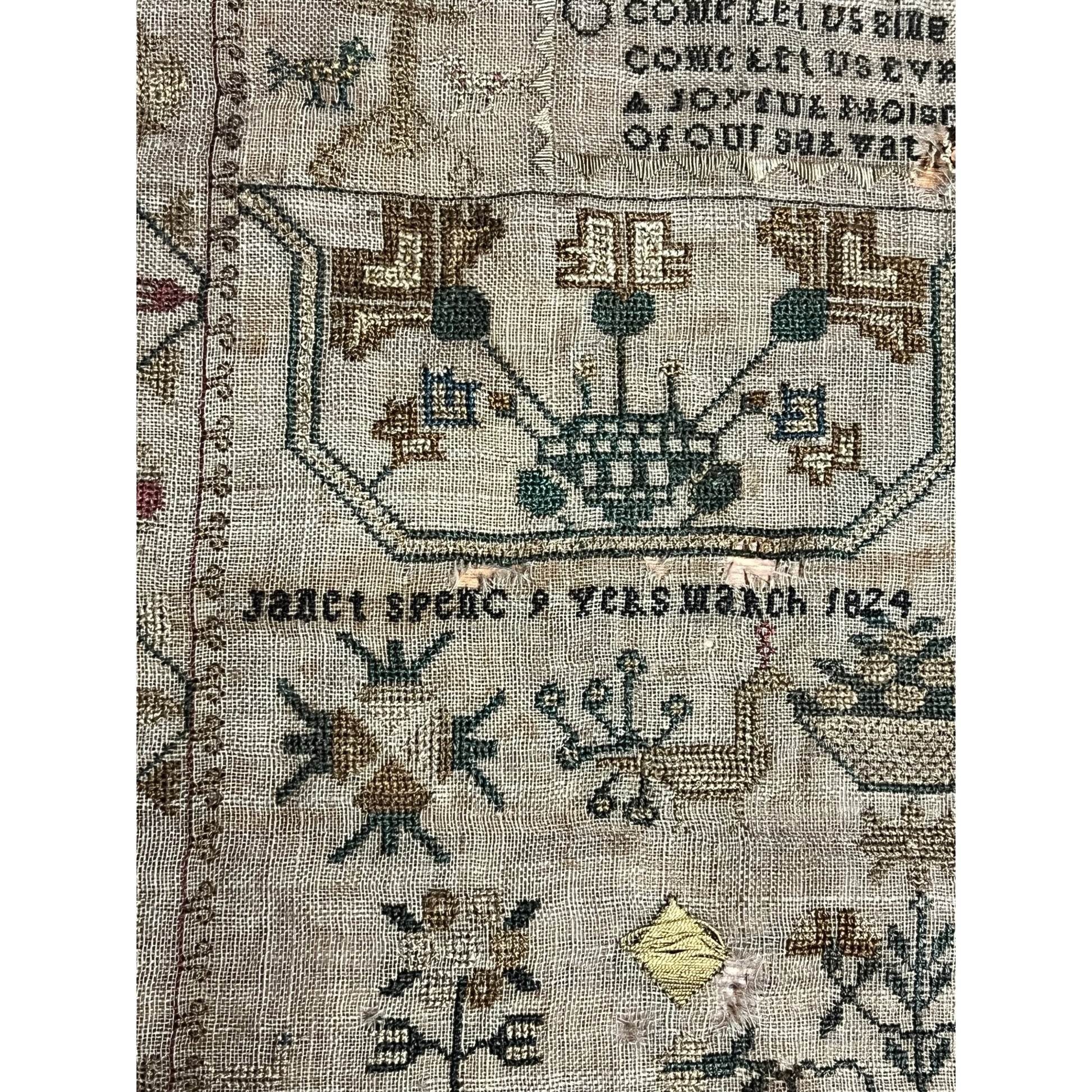 Antique Primitive Tree of Life Cross Stitch Sampler Dated 1824 Folk Art OOAK