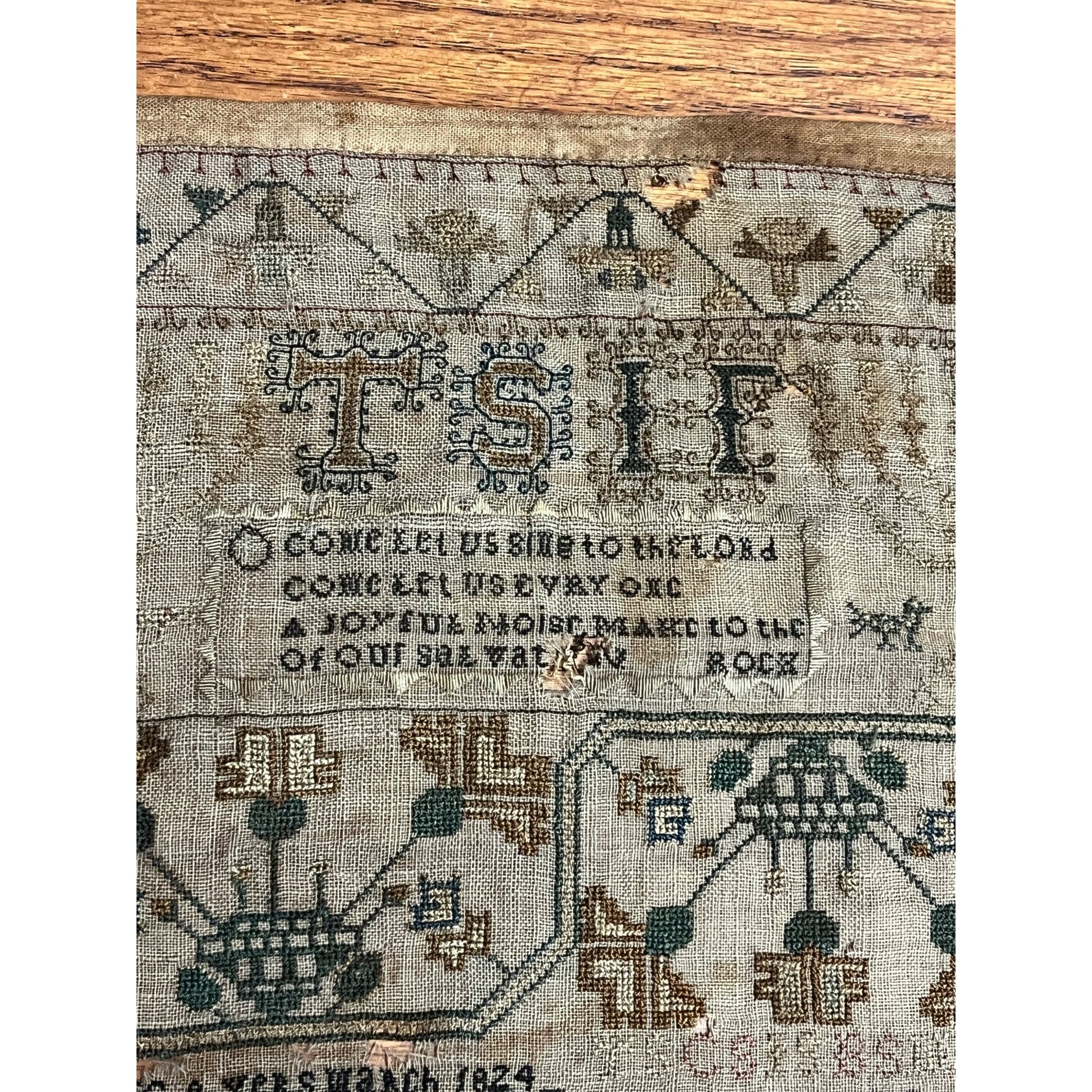 Antique Primitive Tree of Life Cross Stitch Sampler Dated 1824 Folk Art OOAK