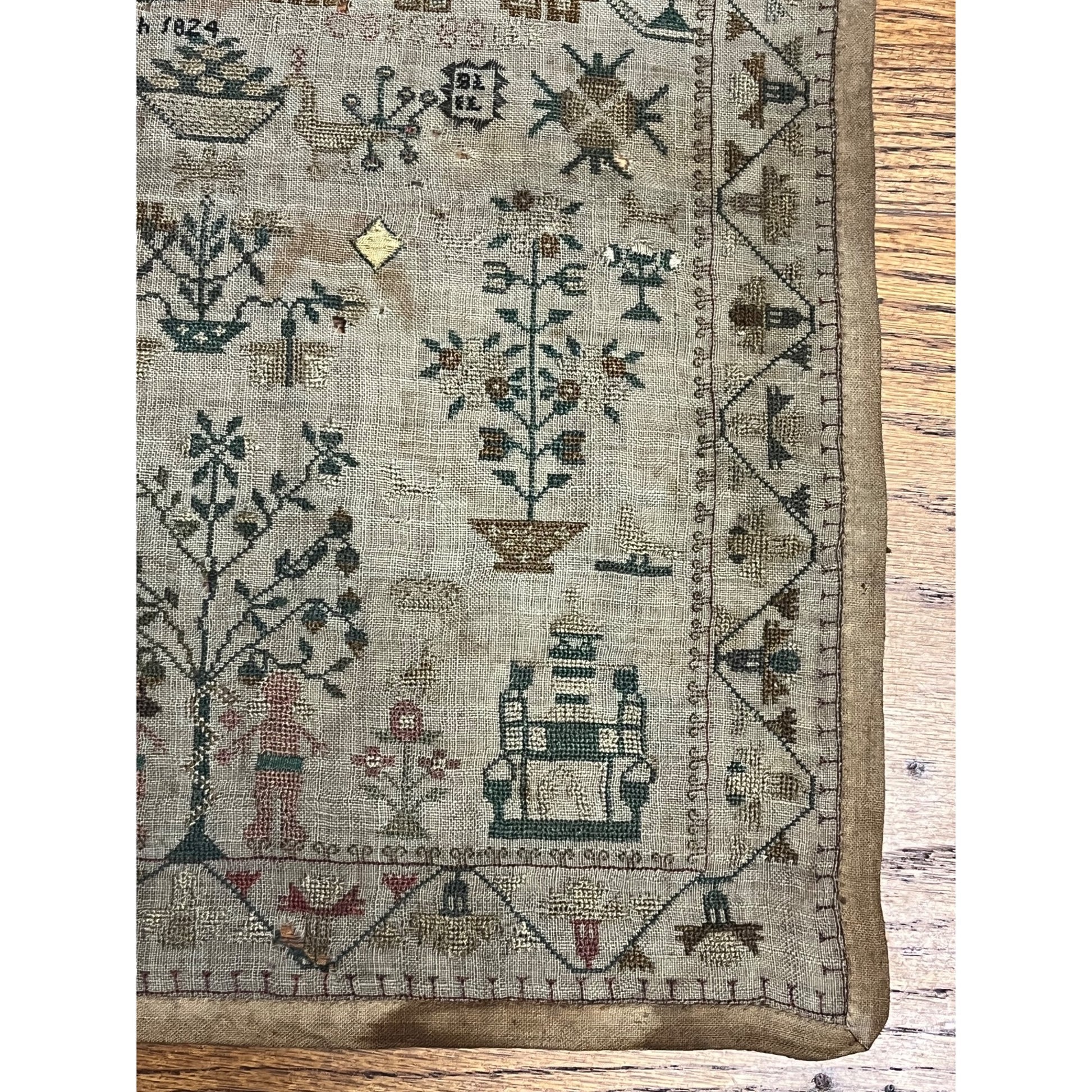 Antique Primitive Tree of Life Cross Stitch Sampler Dated 1824 Folk Art OOAK