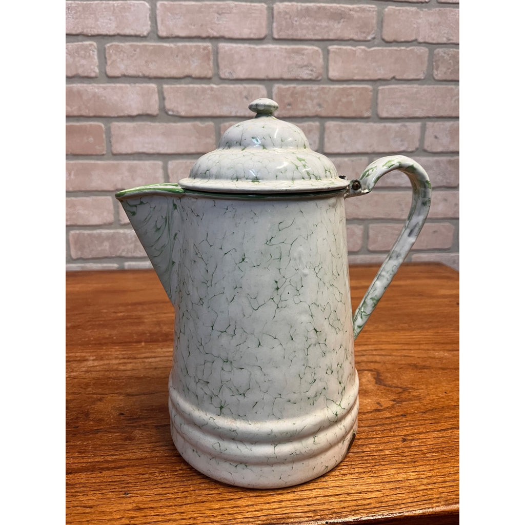 Vintage Elite Austria Enamelware Green And White Snow On The Mountain Coffee Pot