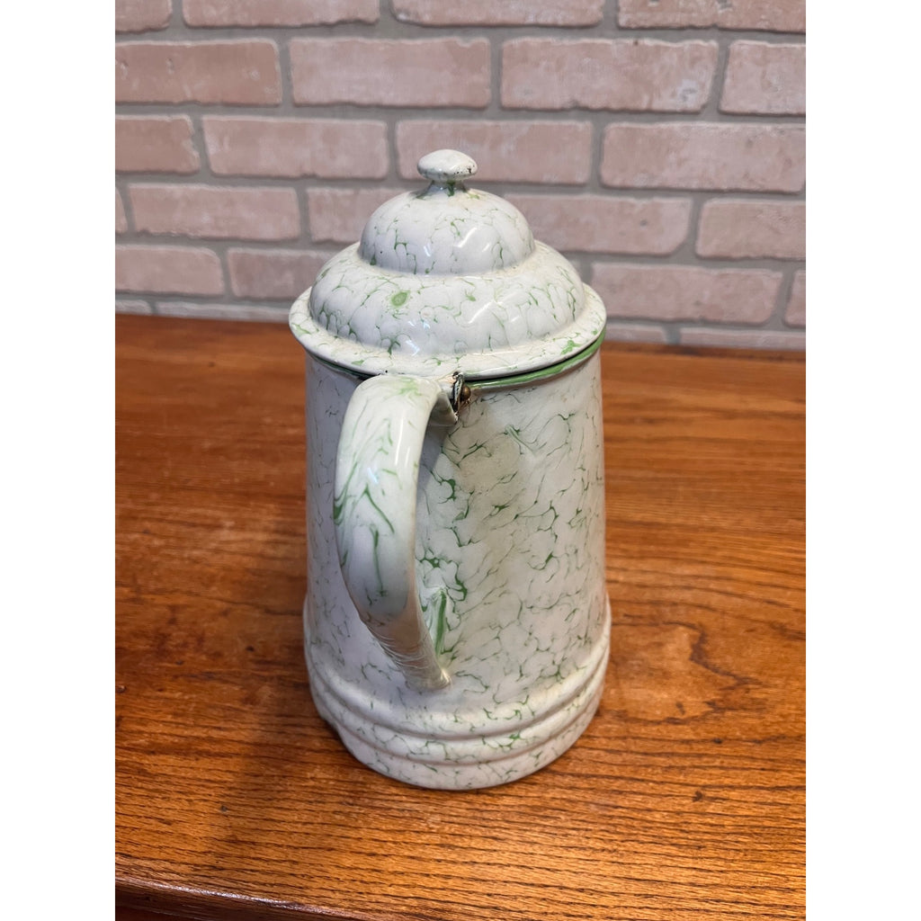 Vintage Elite Austria Enamelware Green And White Snow On The Mountain Coffee Pot