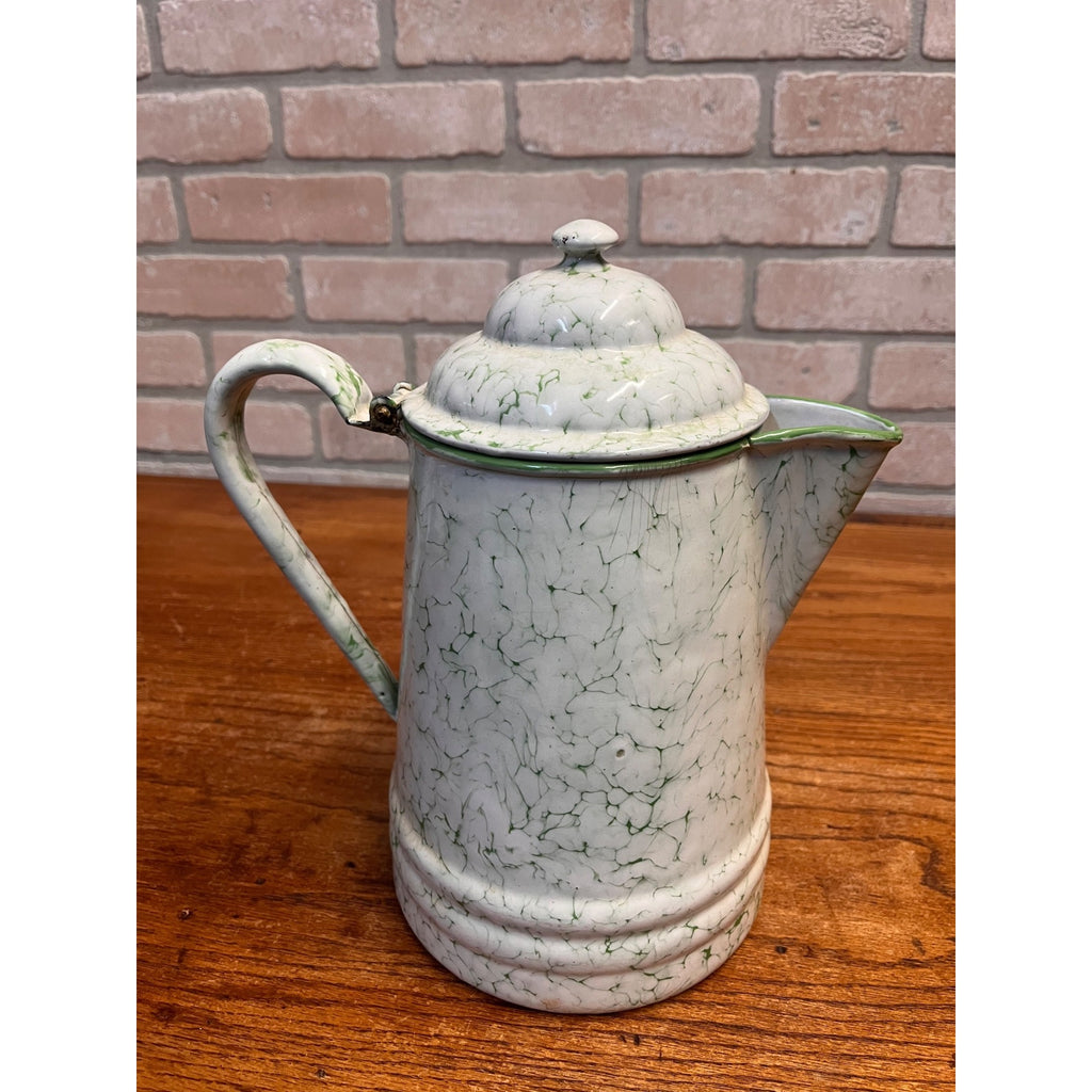 Vintage Elite Austria Enamelware Green And White Snow On The Mountain Coffee Pot