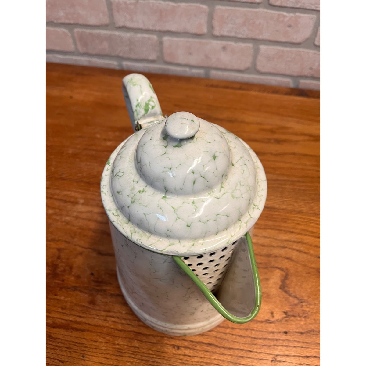 Vintage Elite Austria Enamelware Green And White Snow On The Mountain Coffee Pot
