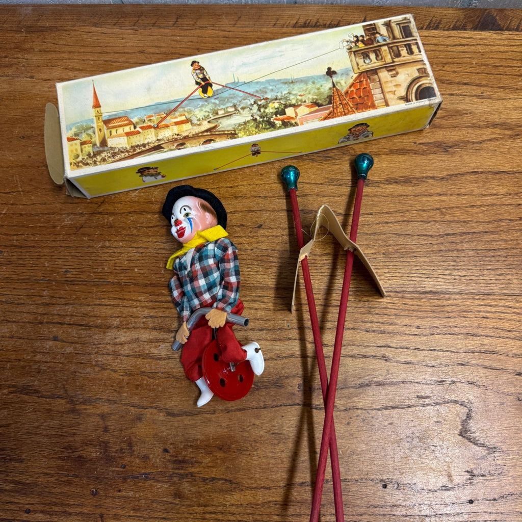 Vintage Toy FEWO Tight Rope Riding Clown on Unicycle W/ Box