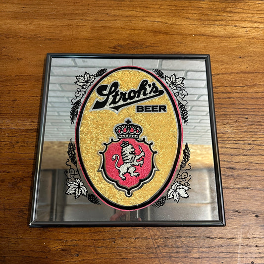 Vintage Stroh's Beer Mirror Bar Sign 12' x 12" Metal Frame Lion Crest