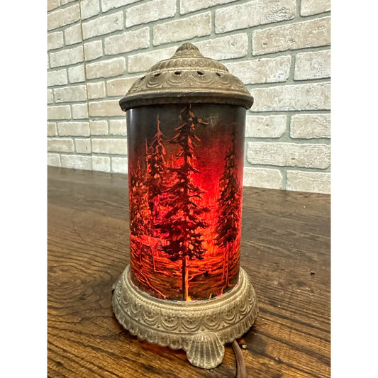 Antique Early 1900s Scene-in-Action Corp Cast Motion Lamp Cabin Forest Fire