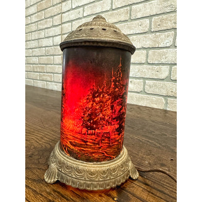 Antique Early 1900s Scene-in-Action Corp Cast Motion Lamp Cabin Forest Fire