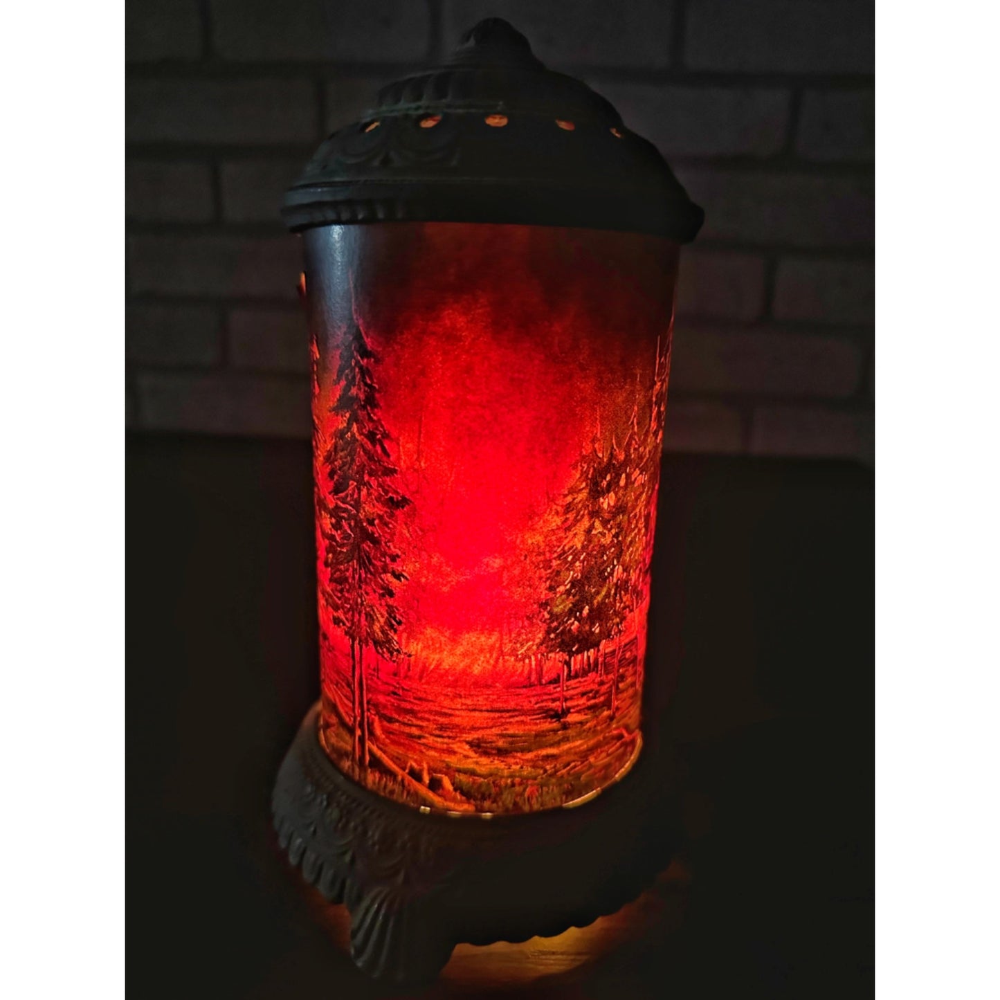 Antique Early 1900s Scene-in-Action Corp Cast Motion Lamp Cabin Forest Fire