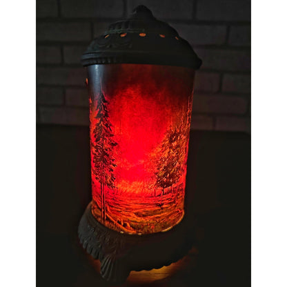 Antique Early 1900s Scene-in-Action Corp Cast Motion Lamp Cabin Forest Fire