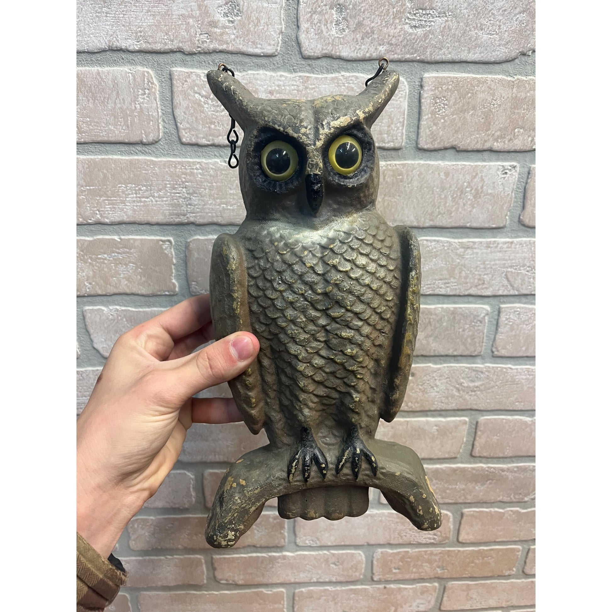 Vintage Swisher & Soules Decatur IL Cast Metal Great Horned Owl Glass Eyes Decoy